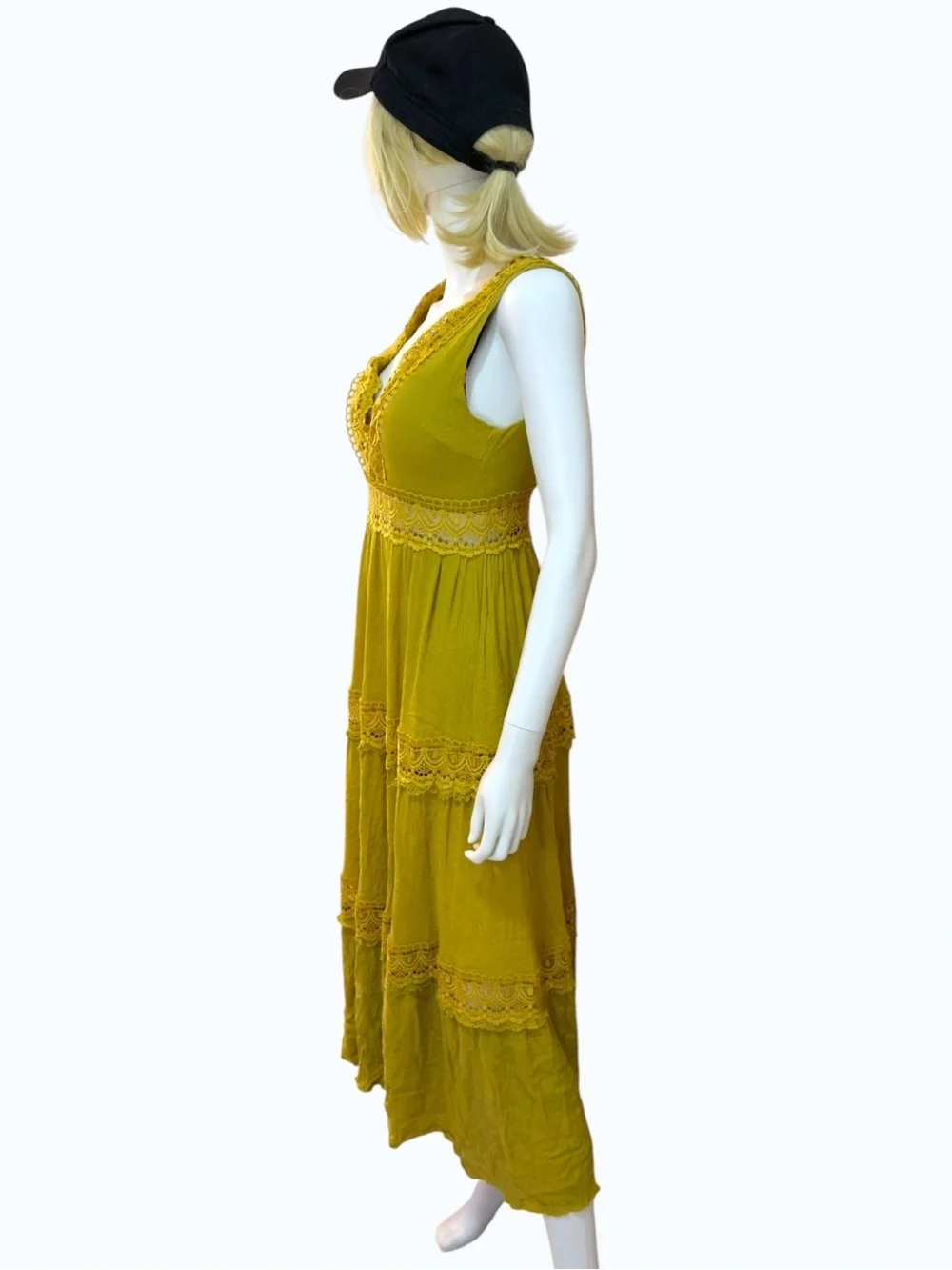 Forever 21 Mustard Yellow Crochet Lace Tiered Boho Midi Dress | Size M